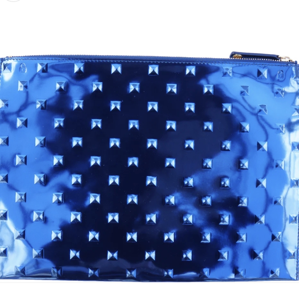 ELA* studded mirror blue editor's pouch clutch zip top close w/ dust bag
